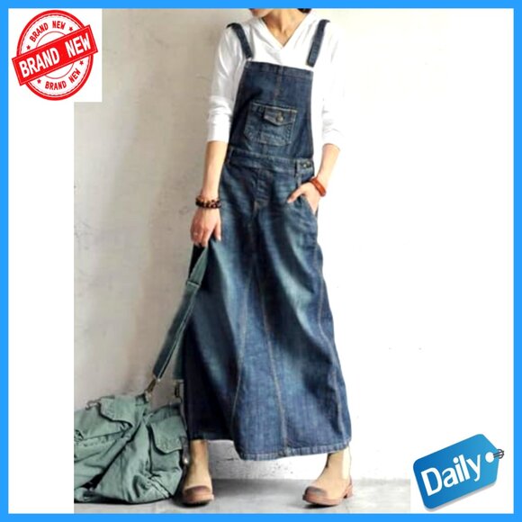 Vintage Distressed Denim Overall Dress Adjustable Straps A-Line Pinafore Midi - Picture 2 of 6